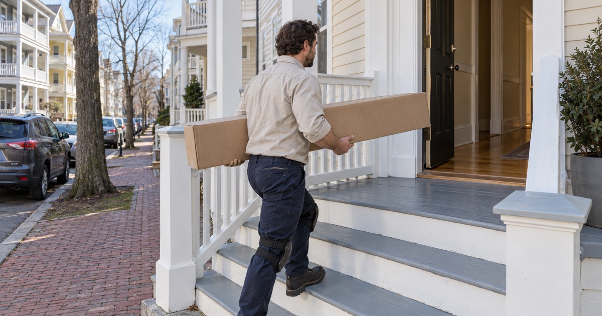Worker carrying a carton of new oak flooring up the front steps of a Somerville three-decker with stacked porches.