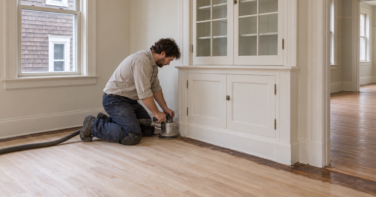 Worker edging the last band of old finish off original oak strip flooring beside a built-in china cabinet in a Somerville three-decker dining room.