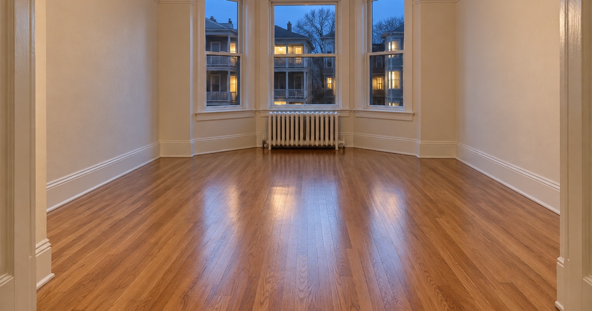 Refinished red oak strip floor in the bay-windowed front room of a Somerville three-decker at dusk.