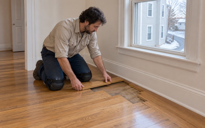 Worker lacing new oak strips into a Somerville bedroom floor where a removed radiator's pipe holes were, every joint staggered.