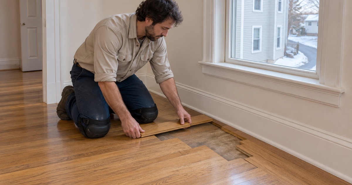 Worker lacing new oak strips into a Somerville bedroom floor where a removed radiator’s pipe holes were, every joint staggered.