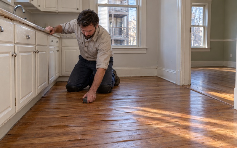 Worker taking a moisture reading on cupped oak boards in the kitchen of a Somerville flat after a leak from the unit above.