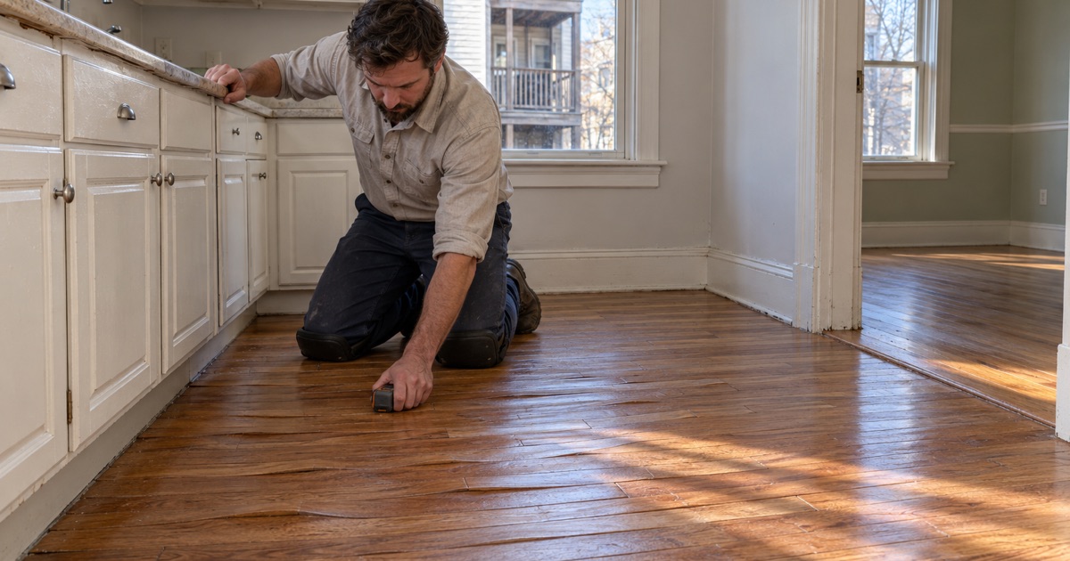 Worker taking a moisture reading on cupped oak boards in the kitchen of a Somerville flat after a leak from the unit above.