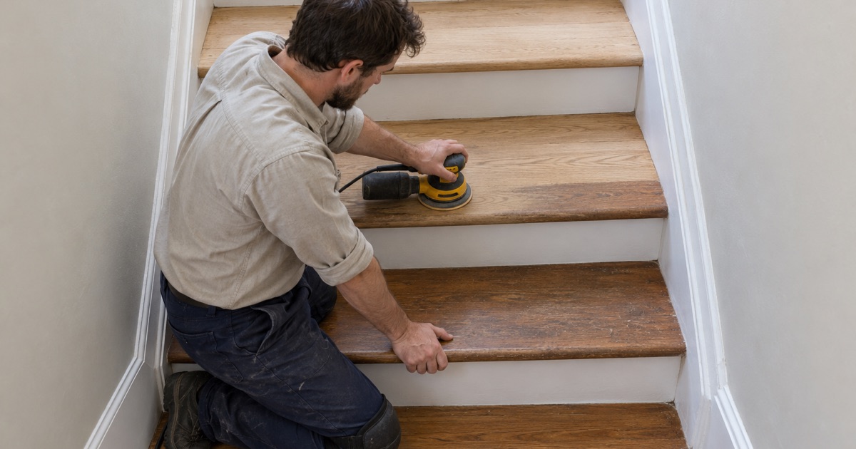 Worker sanding the oak treads of the shared front stair in a Somerville three-decker, the risers left painted.