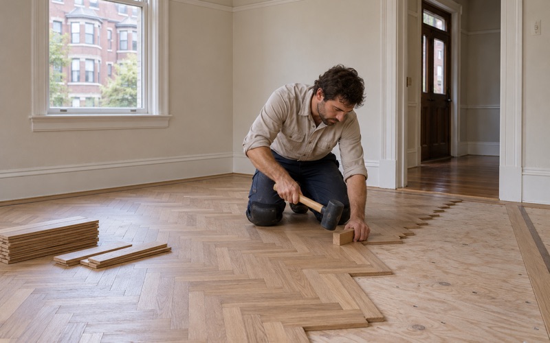 Worker tapping a new white oak herringbone slat into the pattern inside a plain border in the dining room of a Somerville Colonial Revival house.