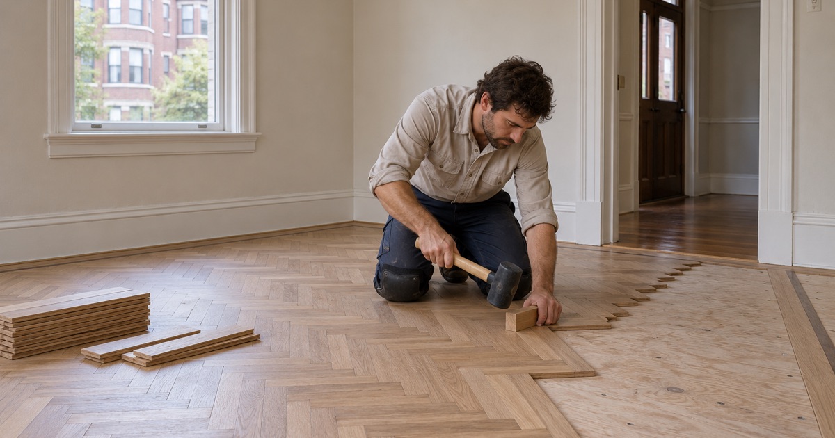 Worker tapping a new white oak herringbone slat into the pattern inside a plain border in the dining room of a Somerville Colonial Revival house.