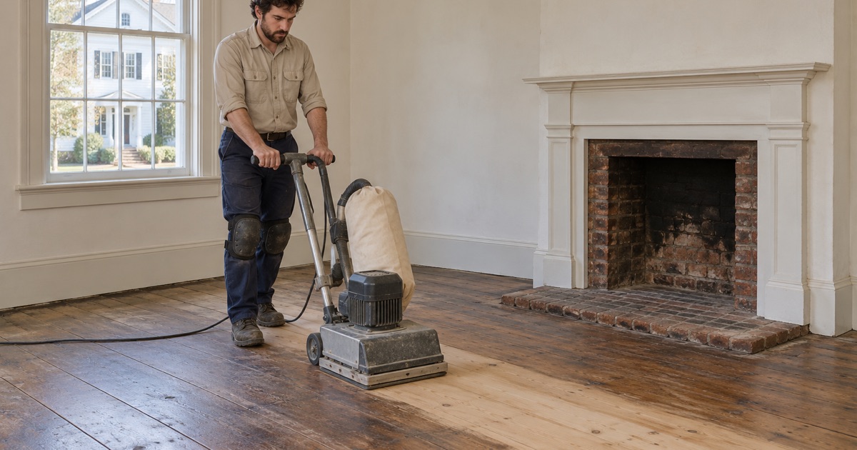 Worker sanding an old wide pine floor with a square-pad orbital floor sander in the front room of an early Greek Revival house in Somerville.