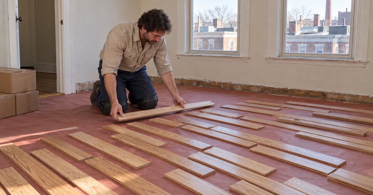 Worker laying out loose new red oak boards in staggered lengths across rosin paper in a top-floor bedroom of a Somerville three-decker.