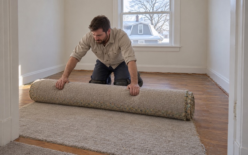 Worker rolling up cut carpet to uncover red oak flooring in a bedroom of a Somerville two-family flat.