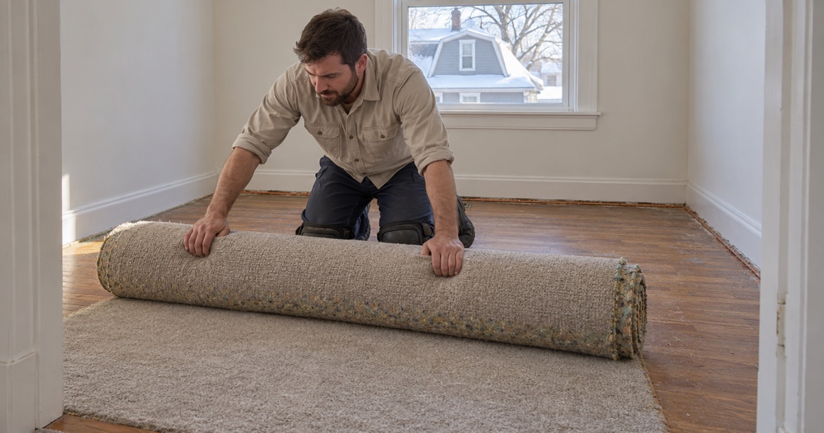 Worker rolling up cut carpet to uncover red oak flooring in a bedroom of a Somerville two-family flat.