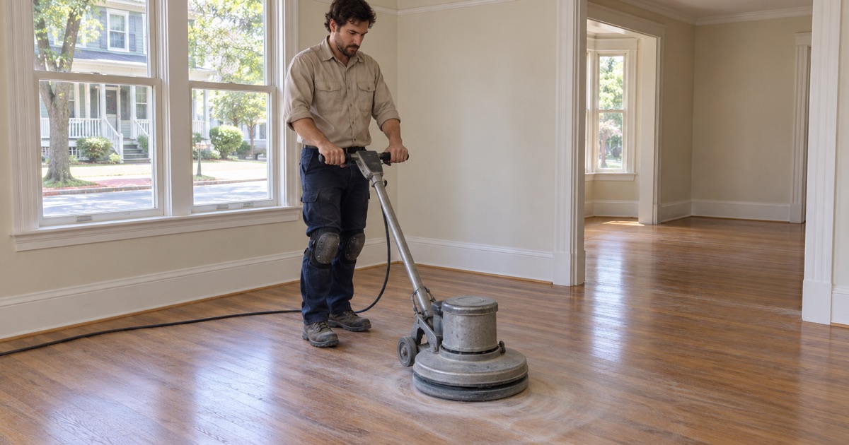 Worker screening a sound oak floor with a floor buffer before a fresh recoat in a Somerville condominium in a converted two-family.