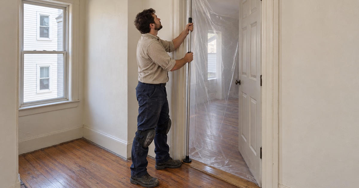 Worker setting a plastic dust barrier across the doorway of a vacant unit off the common stair hall of a Somerville three-decker.