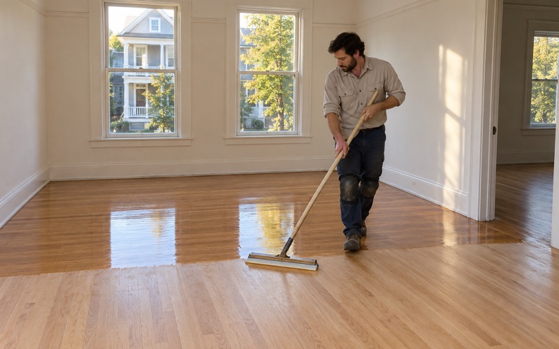 Worker walking backwards while spreading a clear finish coat across sanded red oak floors in the front room of a Somerville two-family.