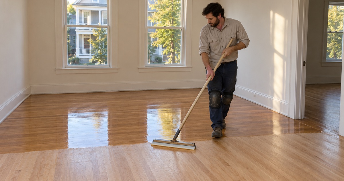 Worker walking backwards while spreading a clear finish coat across sanded red oak floors in the front room of a Somerville two-family.