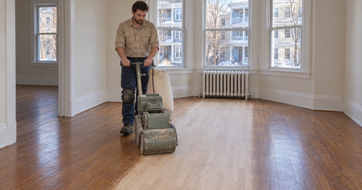 Worker sanding a red oak strip floor with a drum sander in the bay-windowed front room of a Somerville three-decker flat.
